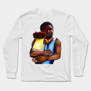 The best Father’s Day gifts 2022.Father and child - Super dad -  Strong muscular black man cradling a baby Long Sleeve T-Shirt